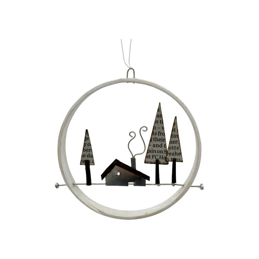 House & Paper Trees - Hanging Decoration - Winter Collection - Wood/Metal Sculpture