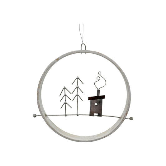 House & Wire Trees - Hanging Decoration - Winter Collection - Wood/Metal Sculpture