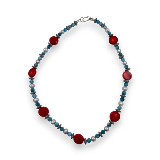Necklace - Haematite, Pearl, Sea Bamboo & Blue Apatite