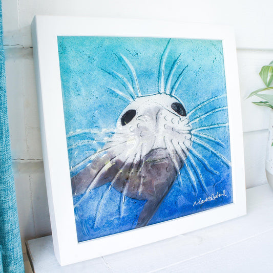 Framed - Seal In Deep Sea - Fused Glass
