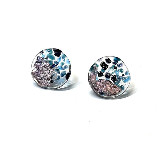 Midi Glass and Palladium Mottled Stud Earrings - Dark and Stormy