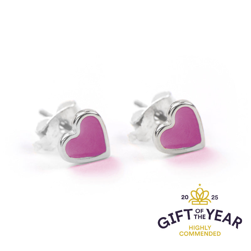 Stud Earrings - Enamel Heart Silver