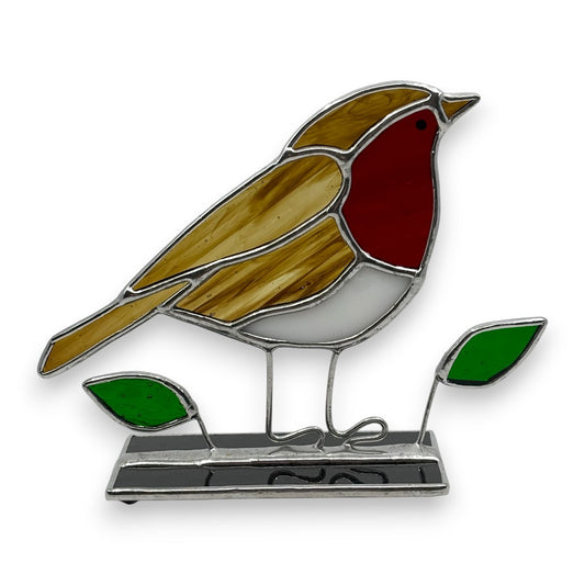 Freestanding  Robin With Leaves - Stained Glass